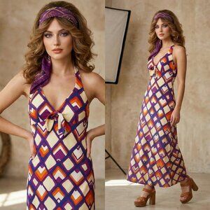 Vintage 70s Psychedelic Print Maxi Halter Dress | Empire Waist Colorful | XS/S